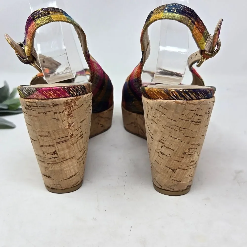 STUART WEITZMAN Jean Winsel‎ Tinsel Metallic Plaid Cork Wedge 9N